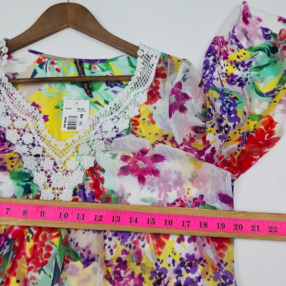 Mushka Sienna Rose Floral Crochet Tunic Sheer V-Neck Blouse M Petite Boho Artsy - Picture 12 of 15